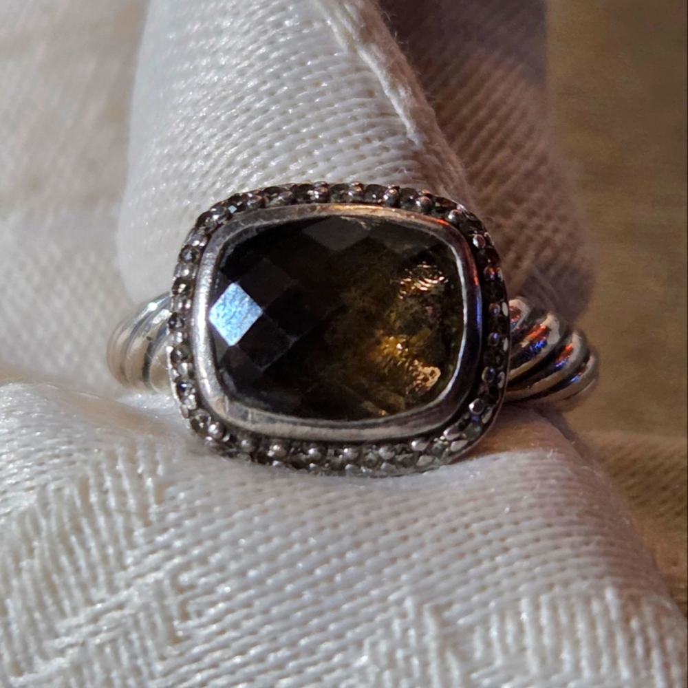 David Yurman Smoky Topaz and Diamond Noblesse Ring, SS, Size 6.5